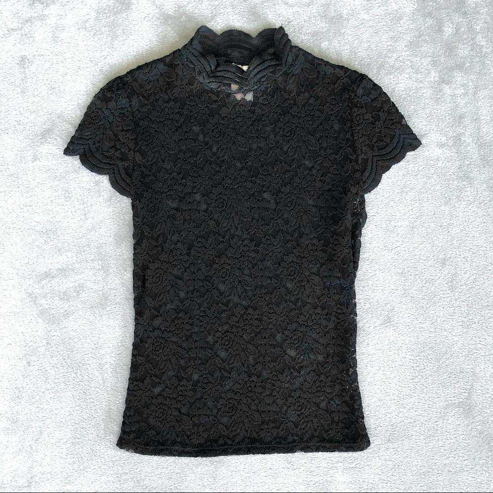 90s Lace Sheer Top Short Sleeve Shirt Mock Neck